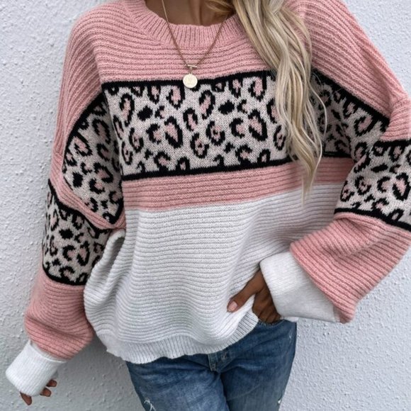 FIERCE DOLLZ Leopard Pattern Color Block Drop Shoulder Sweater - Picture 2 of 5